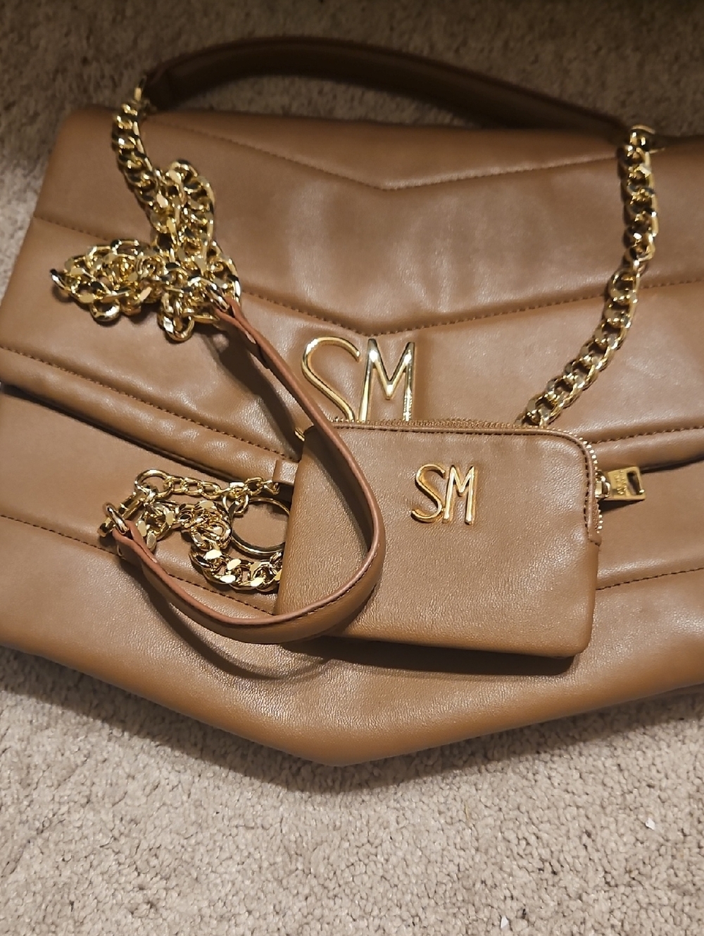 Steve Madden Caramel Tote with Gold Chain and Logo Accent